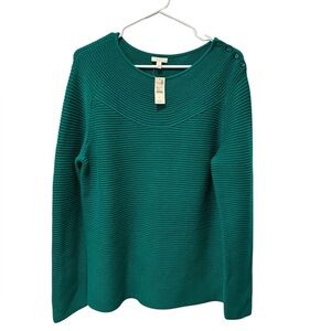 Talbots Teal Ribbed Knit Sweater Button Shoulder 100% Cotton NWT Large